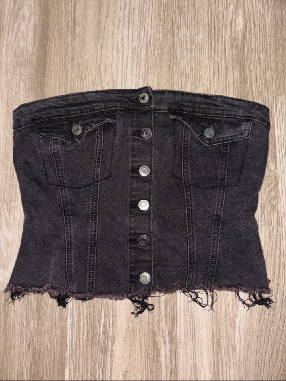 Black Distressed Denim Strapless Crop Top